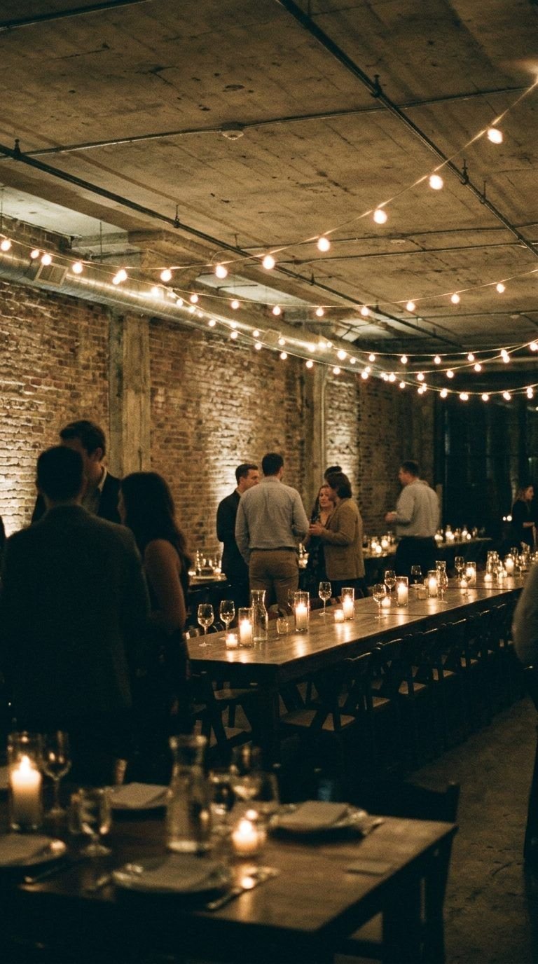 Colleagues at a candlelit long-table company dinner