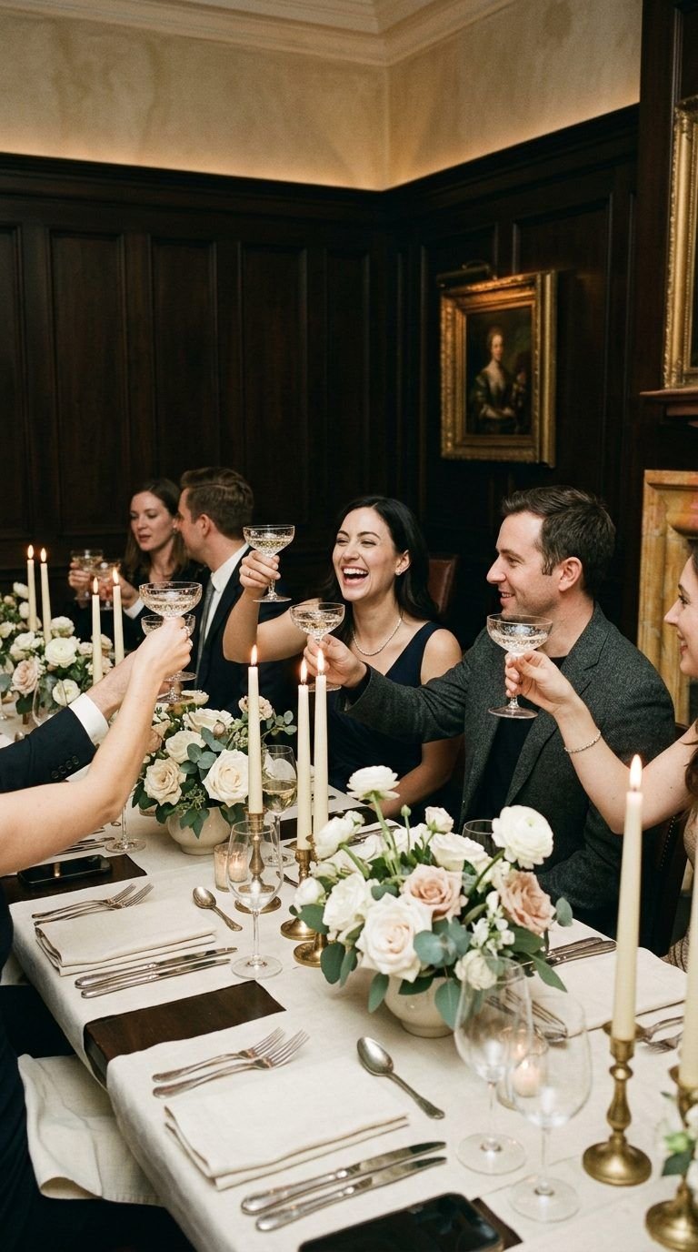 Guests toasting around a candlelit dinner table at a birthday party