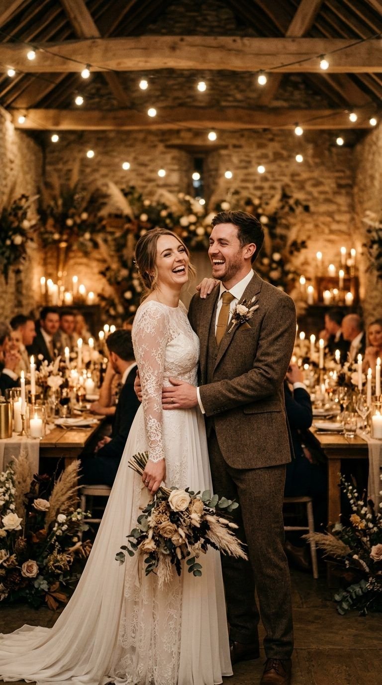 Wedding guests raising a toast at a candlelit barn reception